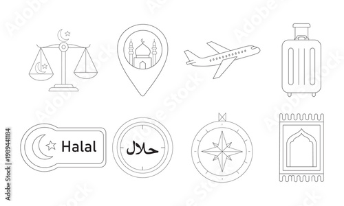 Islamic travel icons set, halal tourism outline vector elements, 8 black and white line icons for muslim pilgrimage and religious journey
