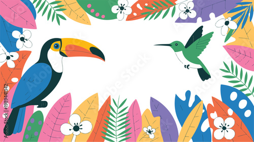 Tropical toucan and hummingbird illustration with colorful leaf border floral frame flat minimalist vector design on white background