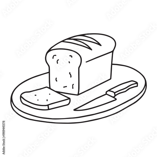 bread loaf with butter knife, angled view on kitchen counter, black and white outline