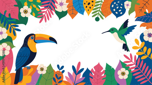 Tropical toucan and hummingbird illustration with colorful leaf border floral frame flat minimalist vector design on white background