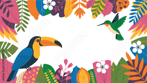 Tropical toucan and hummingbird illustration with colorful leaf border floral frame flat minimalist vector design on white background