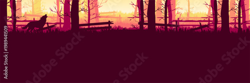 Flat design warm dawn woodland banner with animal silhouettes