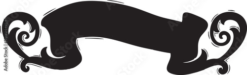 Vintage solid black banner ribbon silhouette with elegant floral scroll filigree ends isolated on a white background for classic wedding invitation or premium label design