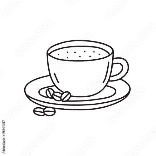 cappuccino cup and coffee beans single on desk, black and white outline doodle
