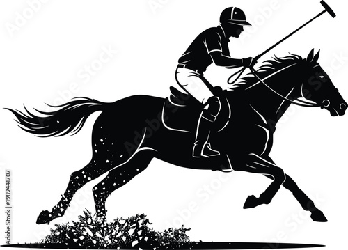 Polo player on horse silhouette, equestrian sports vector illustration, athletic artwork design graphic - black and white line illustration