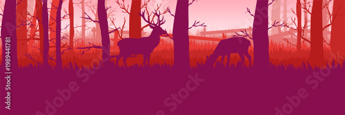 Canvas Print Serene twilight forest graphic concept with peaceful wild animals
