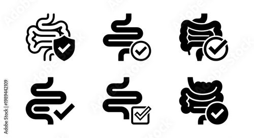 Human intestine health icons set, 6 black digestive system vector symbols with checkmarks, gut protection and probiotic wellness graphics