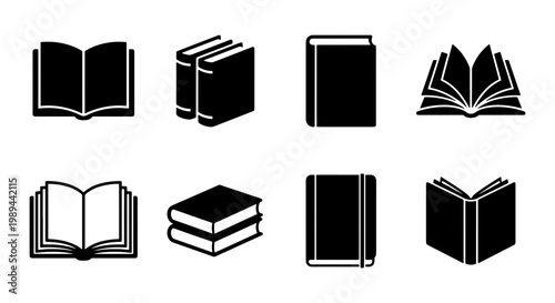 Minimalist book icon set with 8 black vector silhouettes, open and closed textbook symbols for education, library and literature graphic elements