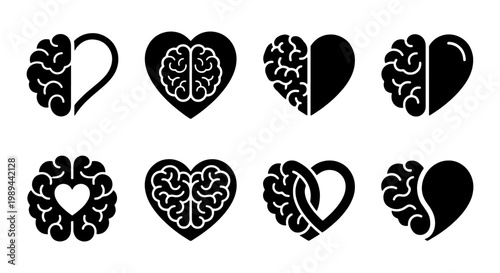 Minimalist brain and heart icon set, 8 black vector symbols of emotional intelligence, logic and passion balance concept for psychology and health