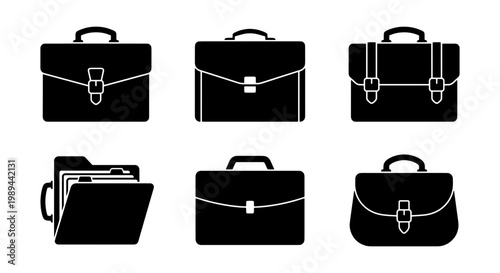 Professional briefcase icon set, black business bag silhouettes, corporate document folder and leather portfolio vector collection for office work