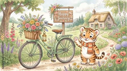Cute tiger character standing near vintage bicycle with flower basket in countryside garden scene for kids storybook illustration and nursery decor design