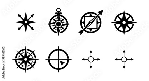 Vintage nautical compass rose icons, set of 8 black vector navigation symbols, antique maritime wind rose elements for maps and travel design
