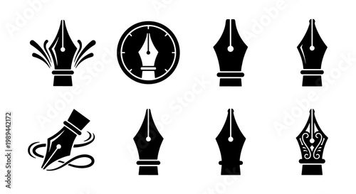 Fountain pen nib icons set, black ink pen tip vector collection, 8 calligraphic writing tool symbols, elegant stationery and literature design elements