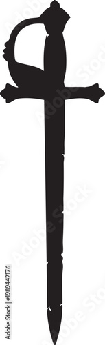 Classic black silhouette illustration of a vintage military sword with a detailed hilt and long blade isolated on a white background for creative design projects