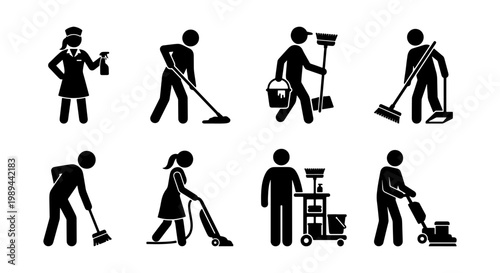 Professional cleaning service icons set, janitor and maid stick figures with equipment, commercial housekeeping staff vector silhouettes for business signage