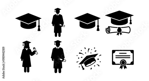 Graduation icon set with academic caps and diplomas, black student silhouettes in mortarboards, university degree ceremony vector elements