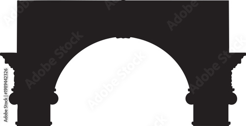 A black silhouette of a classic architectural archway with ornate columns and a rounded vault perfect for historical frame design or elegant portal entry concepts