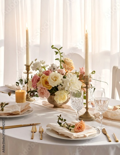 Elegant Wedding Table Setting With Colorful Floral Centerpiece Lit Taper Candles And Gold Cutlery In A Bright Airy Room