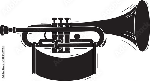 Classic black silhouette illustration of a musical trumpet with a blank hanging banner for announcements and celebrations isolated on a white background for creative design