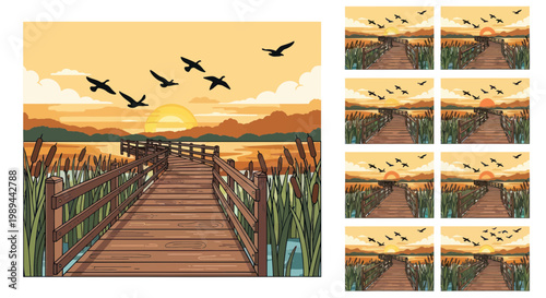 Wooden Pier at Sunset with Migrating Birds and Reeds