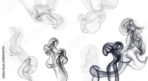 Abstract Smoke Swirls and Wisps on White Background, Artistic Design Elements