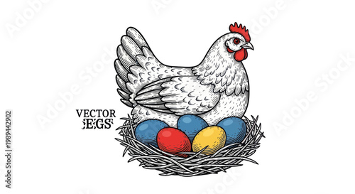 Hand-drawn White Chicken Sitting on Nest with Colorful Eggs