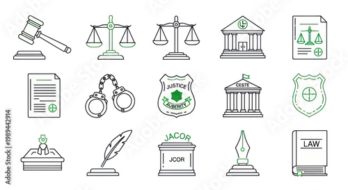 Justice Icons Set: Law, Court, Gavel, Scales, Handcuffs, Law Book