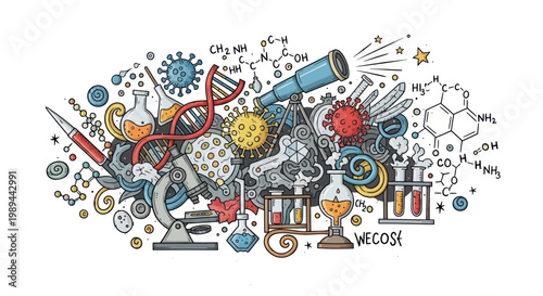 Science Doodle: DNA, Viruses, Chemistry, Microscope, Telescope, Lab Equipment