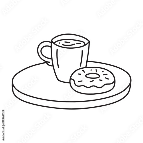 espresso cup with donut, centered composition on cafe table, black and white outline 