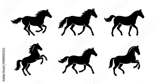 Running horse silhouettes, 6 black stallion vector icons, galloping mustang set