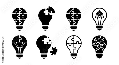 Creative light bulb puzzle icons, 8 business idea vector elements, logic set