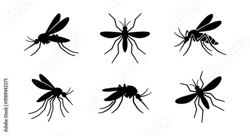 Mosquito silhouette icons, 6 insect vector elements, pest control symbols