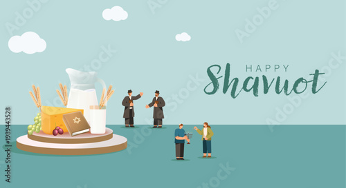 Happy Shavuot Celebration with Traditional Food Wheat and Jewish Festival Scene Illustration