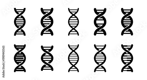 DNA helix icon set, 10 genetic spiral symbols, black science vector elements