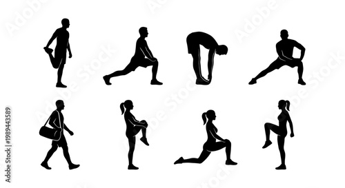 Stretching exercise silhouettes, fitness workout set, 8 athlete vector icons
