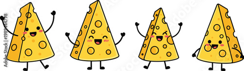
Cute Kawaii Cheese Slice Characters with Happy Funny Faces and Different Expressions Food Mascot Set Vector Illustration