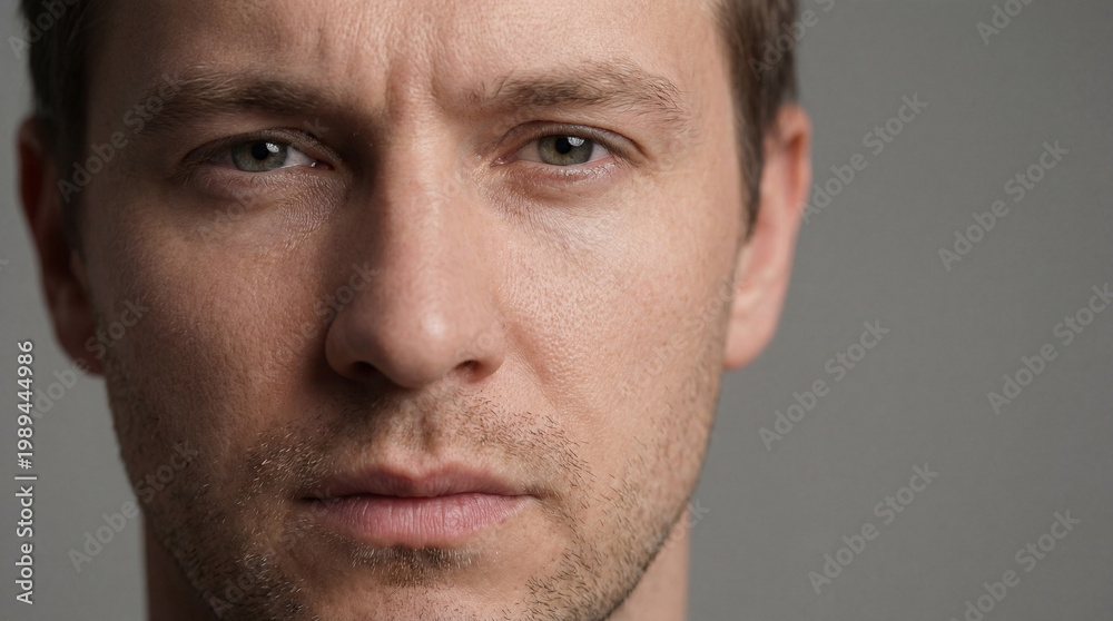Fototapeta premium Close up of a man looking directly at the camera with a serious expression in a simple background
