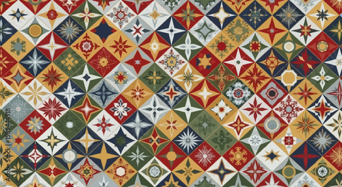 Seamless Geometric Pattern with Colorful Star and Diamond Shapes