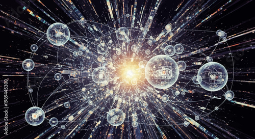 Abstract Digital Network Connection with Glowing Spheres and Data Streams