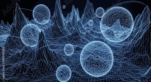 Abstract Digital Landscape with Wireframe Spheres and Data Mesh Grid
