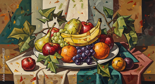 Still Life Painting of Assorted Fresh Fruits on a Plate