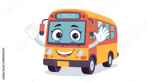 A cheerful bus character with a smiling face waves happily outdoors
