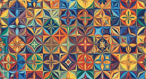 Vibrant Geometric Tile Pattern with Colorful Abstract Floral Motifs