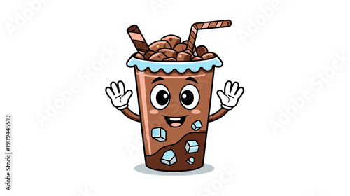 A cute iced chocolate drink character with a friend is happily waving.