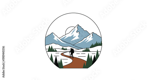 A lone hiker walks a winding path towards majestic mountains a striking silhouette