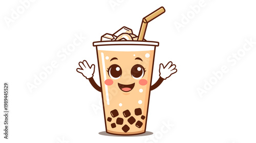 A cute character of iced milk tea with a smiling face waves happily.