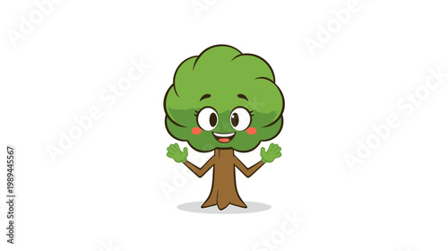 Cute smiling broccoli character with a friendly face stands isolated