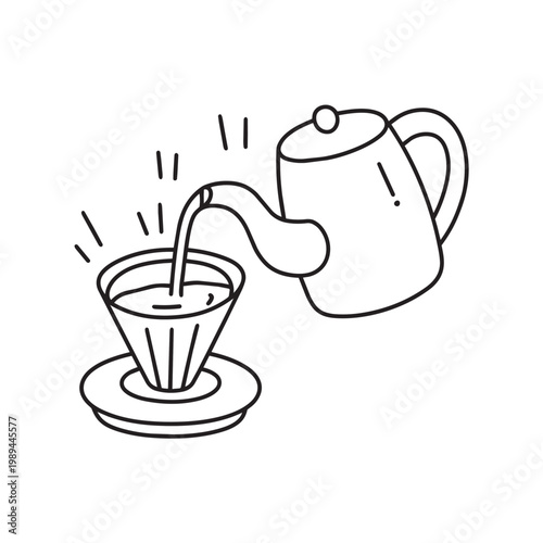 pour over dripper with kettle, top view on cafe table, black and white outline doodle