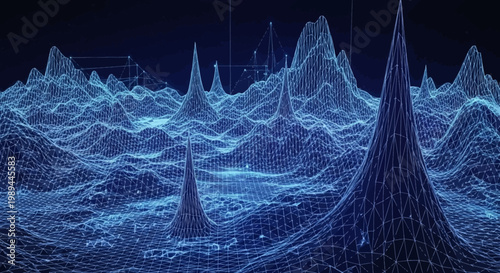 Abstract Digital Wireframe Landscape with Glowing Peaks