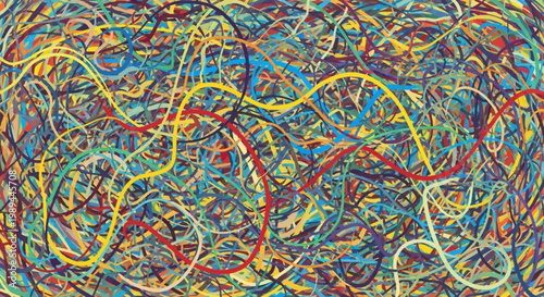 Abstract Expressionist Painting with Colorful Chaotic Scribbles and Tangled Lines